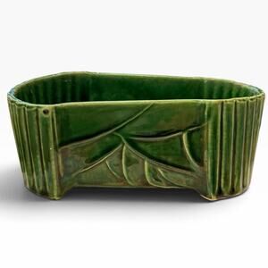 McCoy USA Green Glazed Pottery Rectangular Planter Leaf Relief Ribbed Vintage